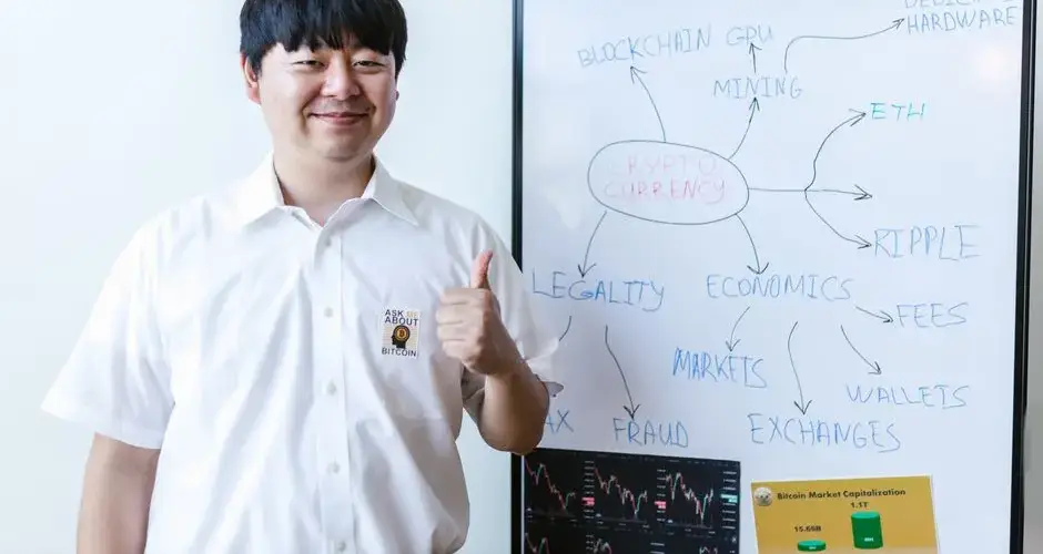 A smiling man stands beside a whiteboard with cryptocurrency concepts and gives a thumbs up.