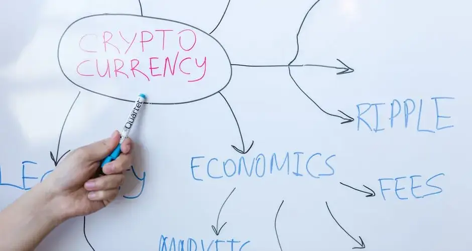 Hand writing cryptocurrency concepts on whiteboard in business meeting.