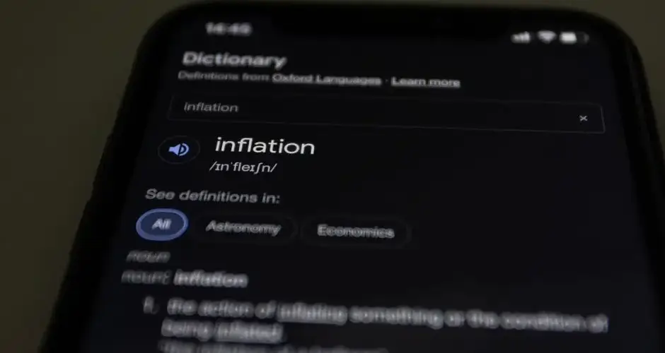 Close-up of a smartphone screen showing the word inflation defined in a dictionary app.