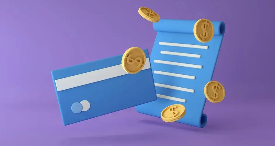 3D rendered illustration of a credit card, coins, and contract on a purple background.