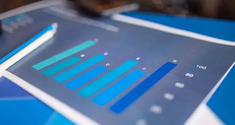 Detailed close-up of a blue bar graph showing data analysis on printed paper.