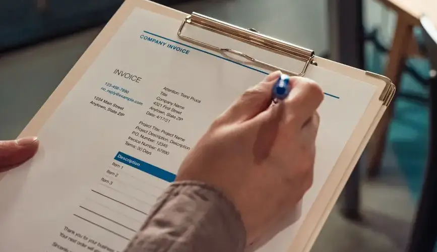 Person's hand holding a company invoice on a clipboard with a pen.