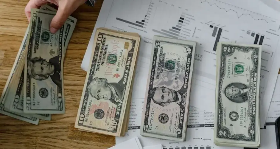 Person holds US dollars over financial papers, showing income or budget analysis.