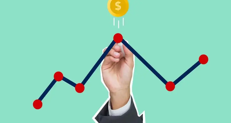 Cutout paper appliques of hand with chalk drawing graph under coin with dollar symbol on green background
