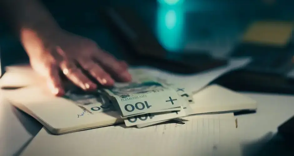 Close-up of hand reaching for banknotes on an office desk with a notebook and calculator.