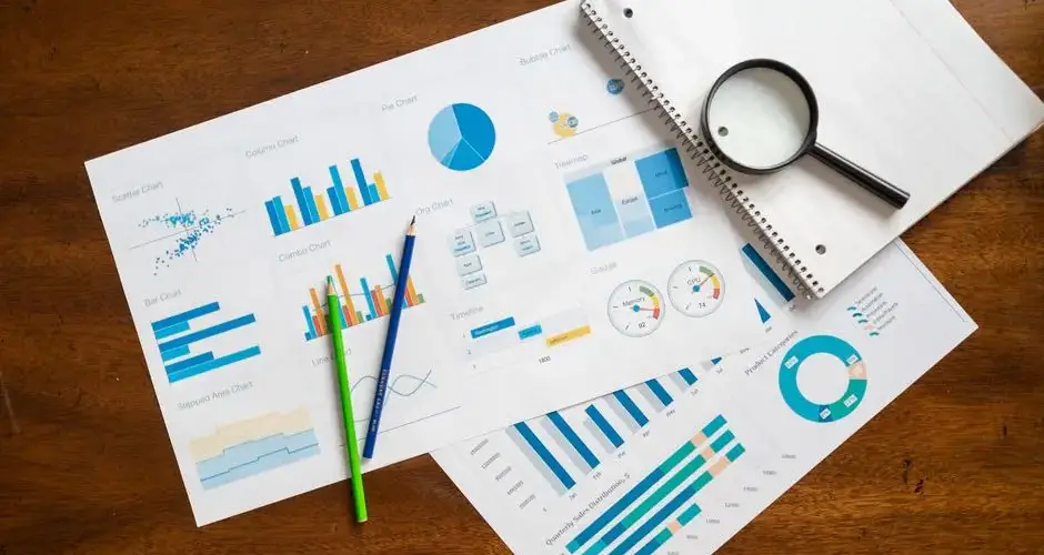 Overhead view of financial charts, magnifying glass, and stationery on wooden table.