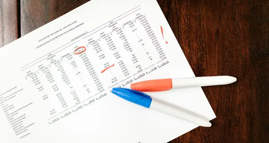 Top view of financial document with red marks and pens on wooden table surface.
