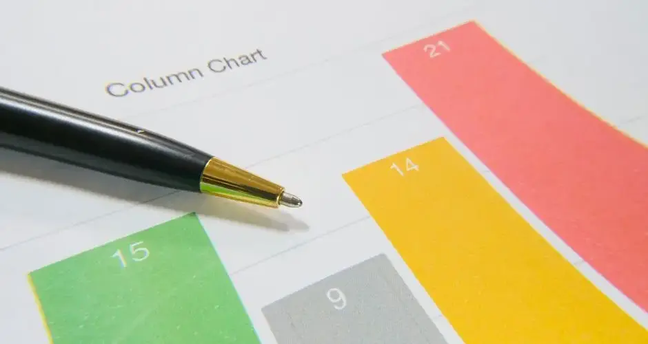 Close-up image of a colorful column chart and pen symbolizing financial analysis.