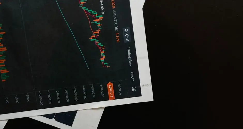 Detailed close-up of a financial chart on a black surface, showing stock market analysis.