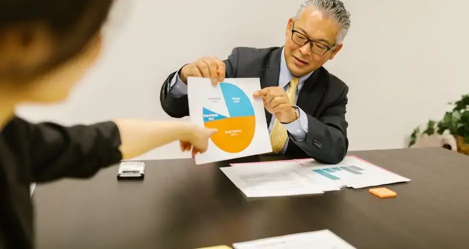 Professional setting with colleagues discussing charts during a business meeting.