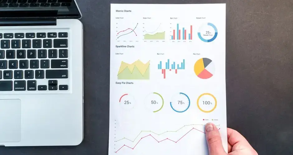 Detailed charts and graphs on a document next to a laptop, representing data analysis.
