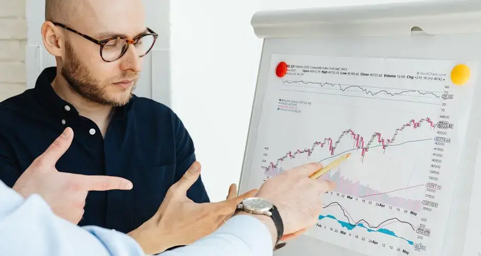 Business professionals discussing financial graphs on a flipchart during a daylight meeting.