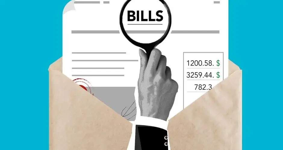 Cutout paper composition of male with magnifier received expensive taxes and payments on blue background
