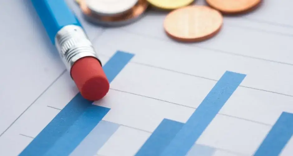 Close-up of bar graphs with a pencil and coins, symbolizing financial analysis.