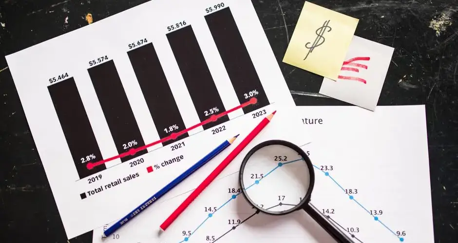 Charts and graphs highlighting retail sales growth, utilizing a magnifying glass for detail.