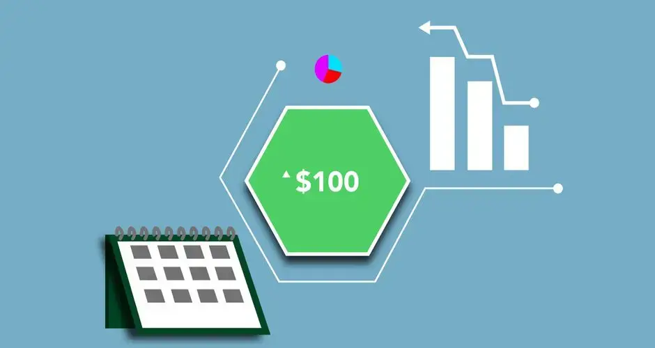 Economic concept shown on illustration with statistic graph and charts around hundred dollars demonstrating growth of currency over time