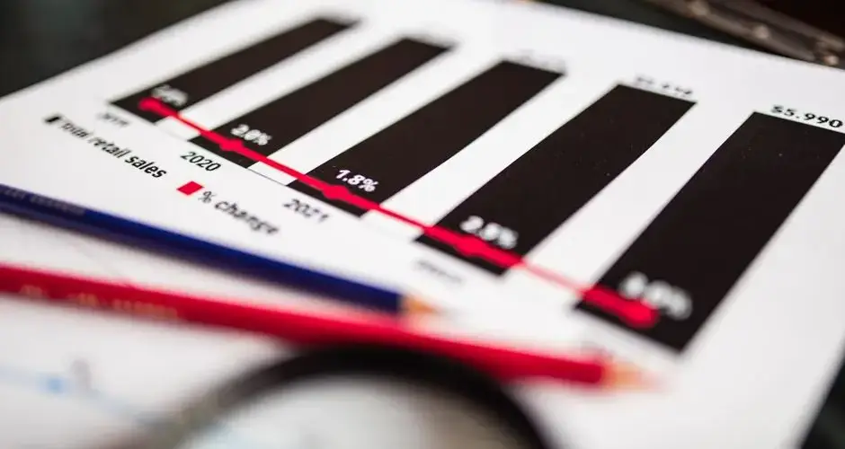 Close-up of a financial report showing sales data with dramatic depth of field.