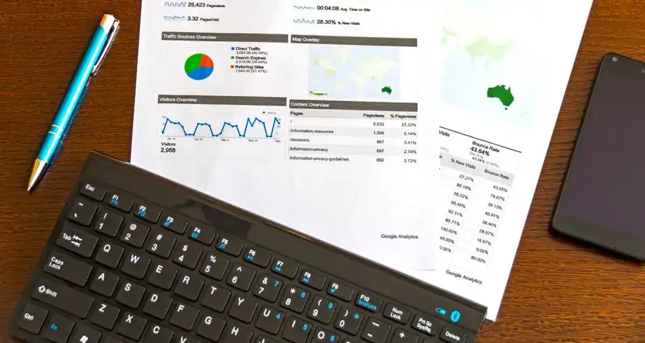 Flatlay of a business analytics report, keyboard, pen, and smartphone on a wooden desk.