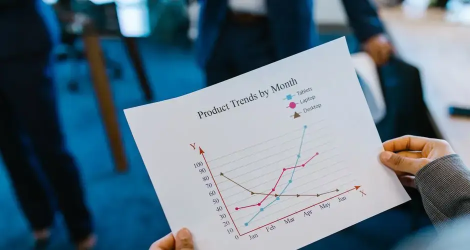 Close-up of hands holding a product trend chart in a corporate office setting.