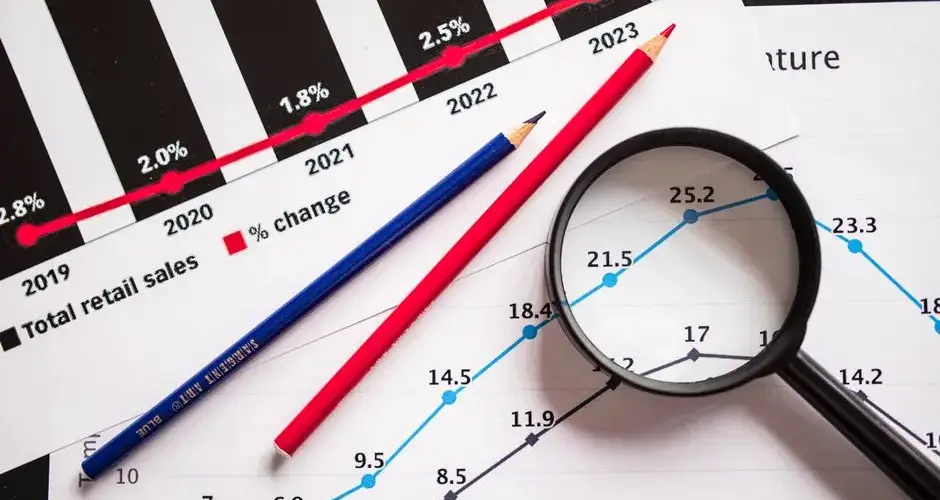Magnifying glass and colored pencils on financial trend graphs highlighting sales growth.