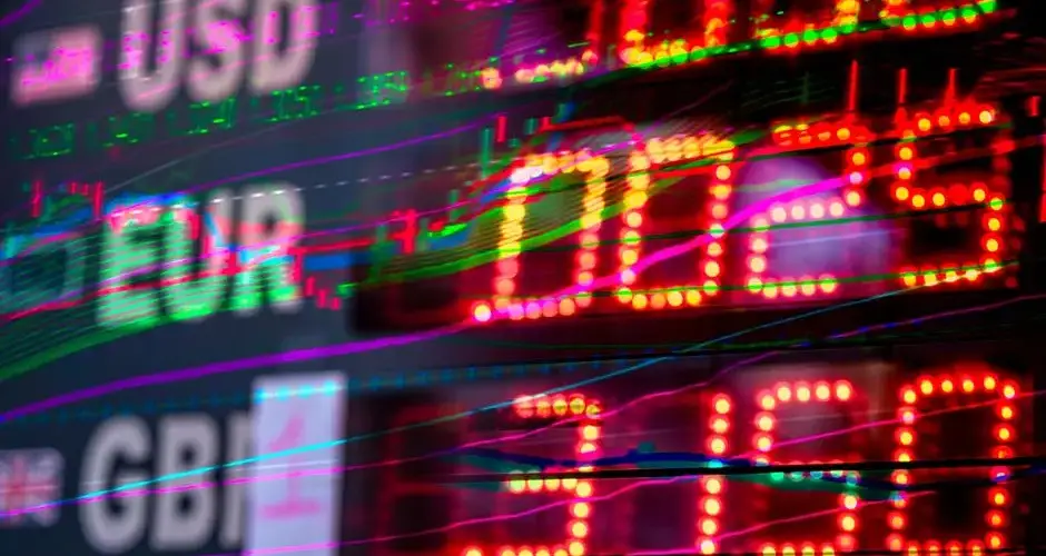Vibrant stock market display showing exchange rates for USD, EUR, and GBP. Perfect for finance themes.