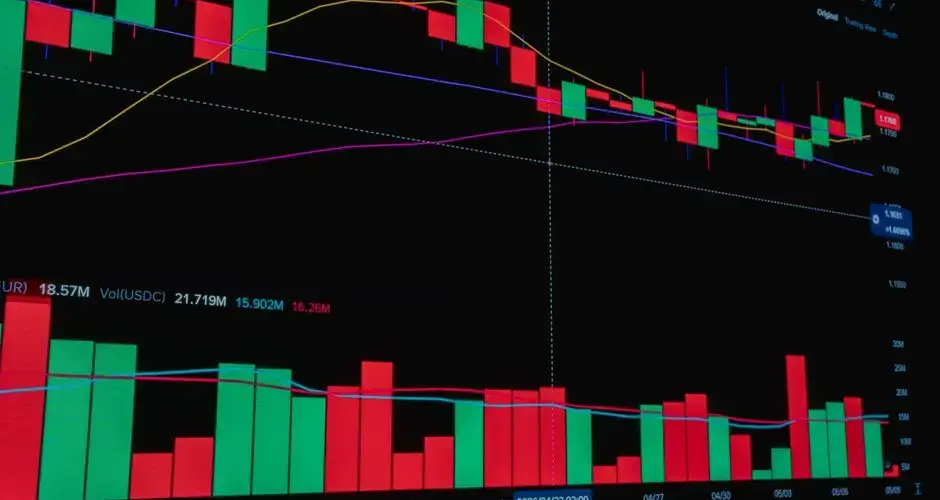 Candlestick chart showcasing crypto market trends with volume bars and moving averages.