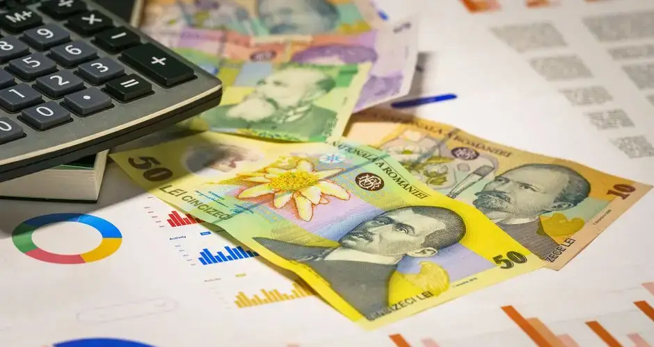 Romanian banknotes with graphs and calculator illustrating finance concepts.
