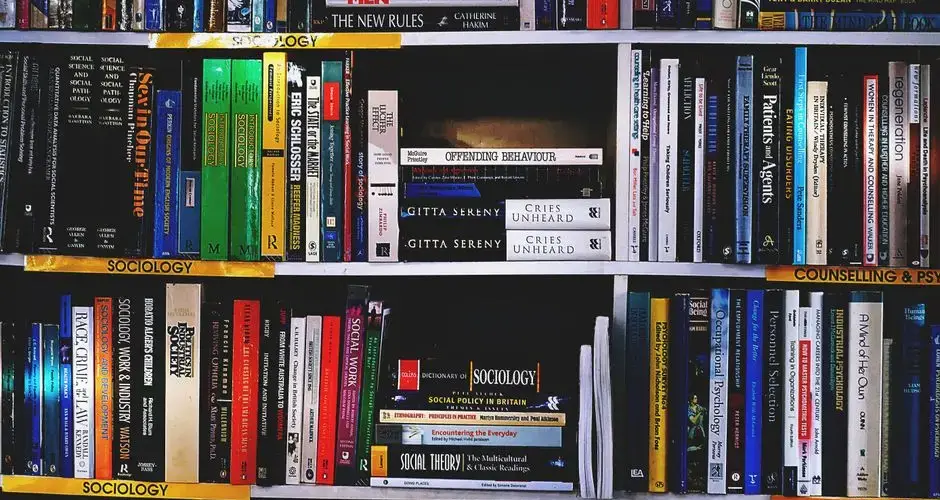 A vibrant collection of sociology books on a well-organized bookshelf.