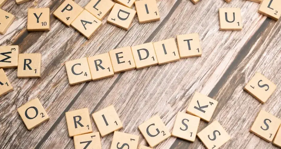 Wooden letter tiles arranged to spell 'CREDIT' on a rustic table background.