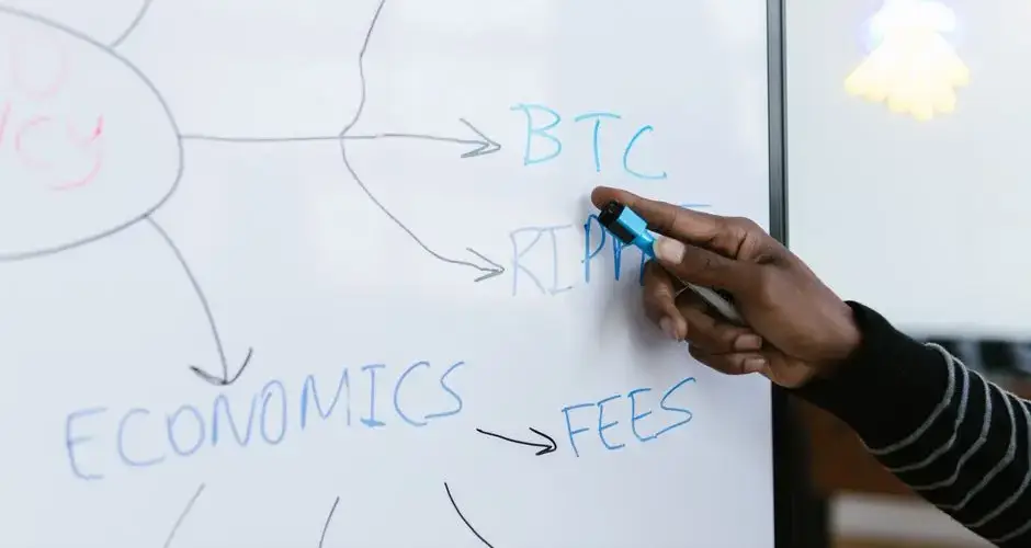 Close-up of hand writing cryptocurrency related words on a whiteboard, featuring BTC, ETH, and economics.