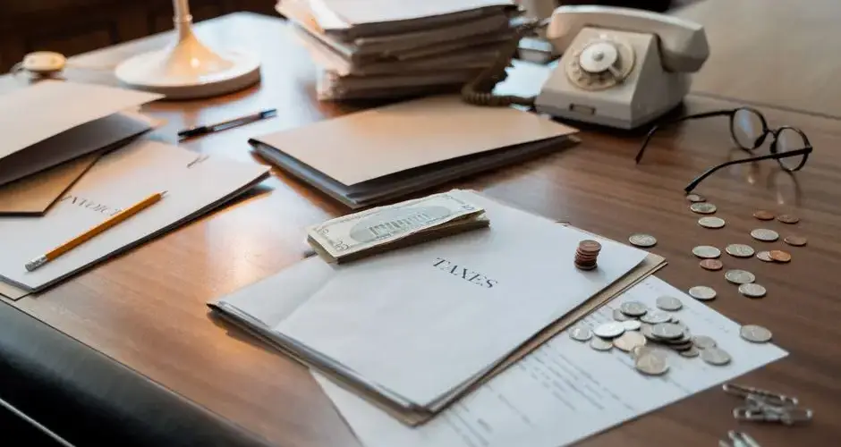 Close-up of an office desk with tax documents, coins, glasses, and an old phone, symbolizing finance and organization.