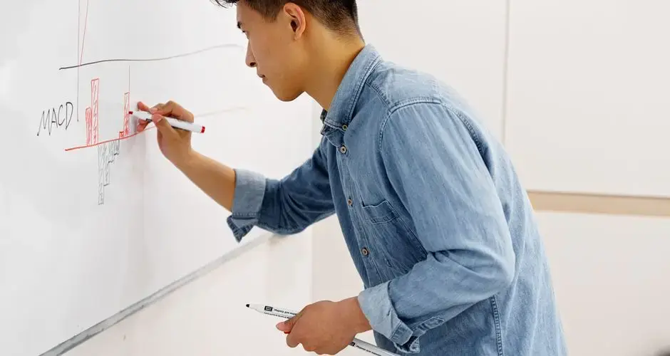 Side view of an adult man writing on a whiteboard focusing on technical analysis and charting.