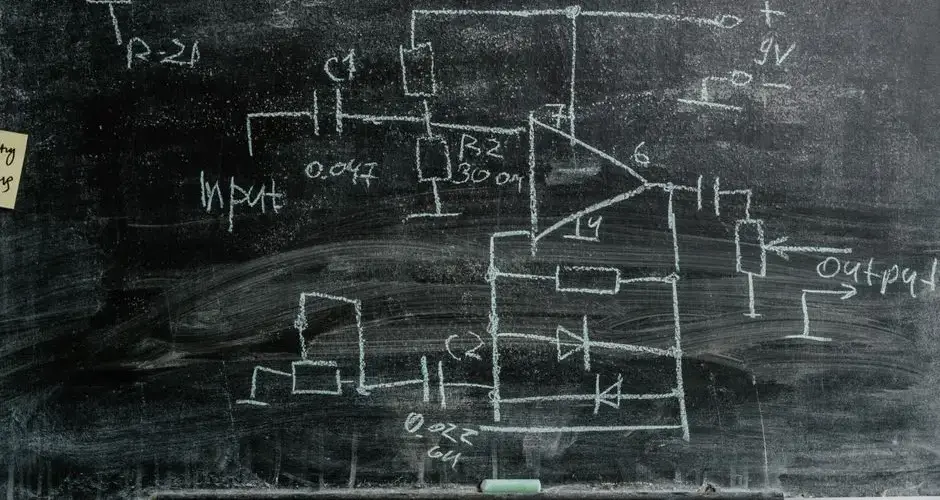 Detailed chalkboard displaying science diagrams and sticky notes, showcasing scientific exploration.