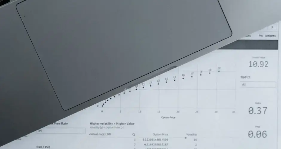 A top-down view of analytical data sheets and a laptop, ideal for business analysis themes.