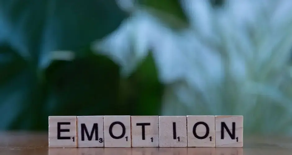 Wooden Scrabble tiles spelling 'Emotion' with a natural blurred background.