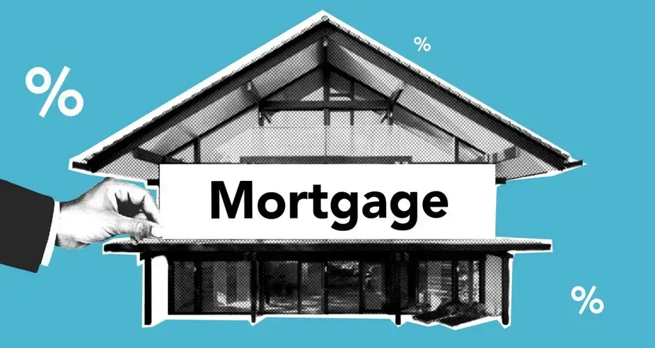 Cutout paper composition of realtor with inscription mortgage over house for purchases with payment of interest on amount of cost