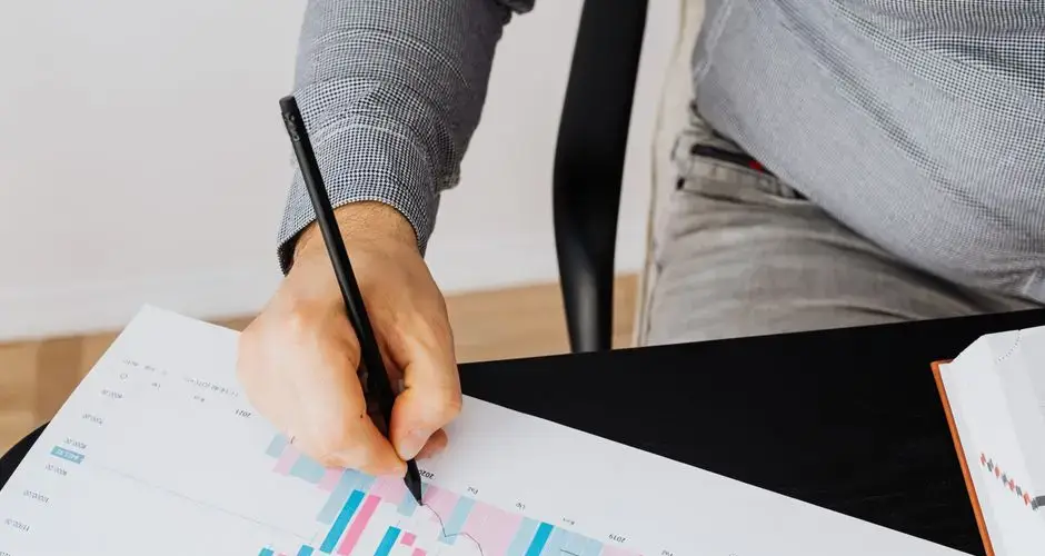 Detailed financial graph showing analysis by a person with a pen indoors.