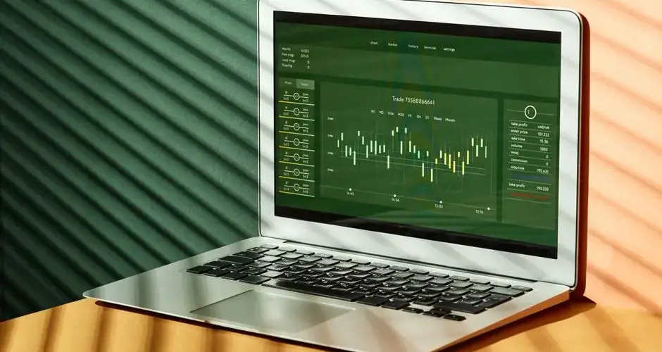 A laptop displaying stock market data with shadows from window blinds casting dramatic patterns.