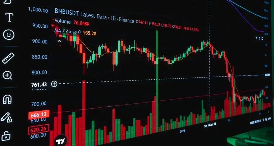 Close-up of cryptocurrency chart on a monitor showing Binance data in Valencia, Spain.