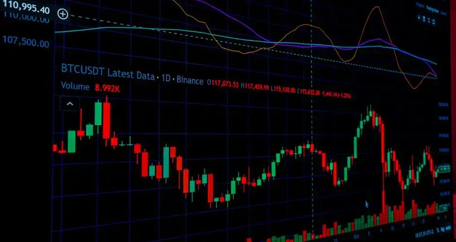 Detailed view of a cryptocurrency market graph displaying technical analysis data on a screen.