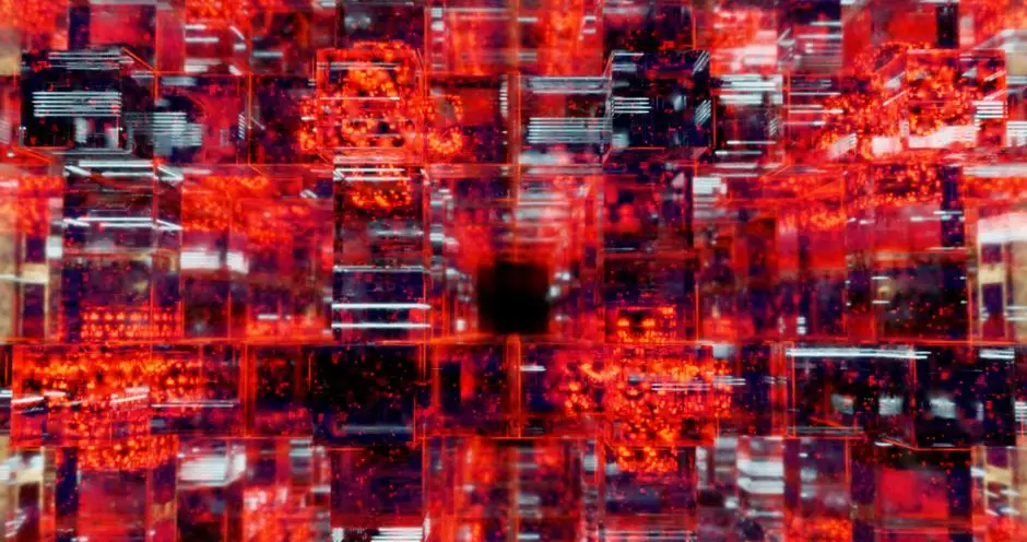 Vibrant digital art showcasing an abstract matrix with red and black hues.