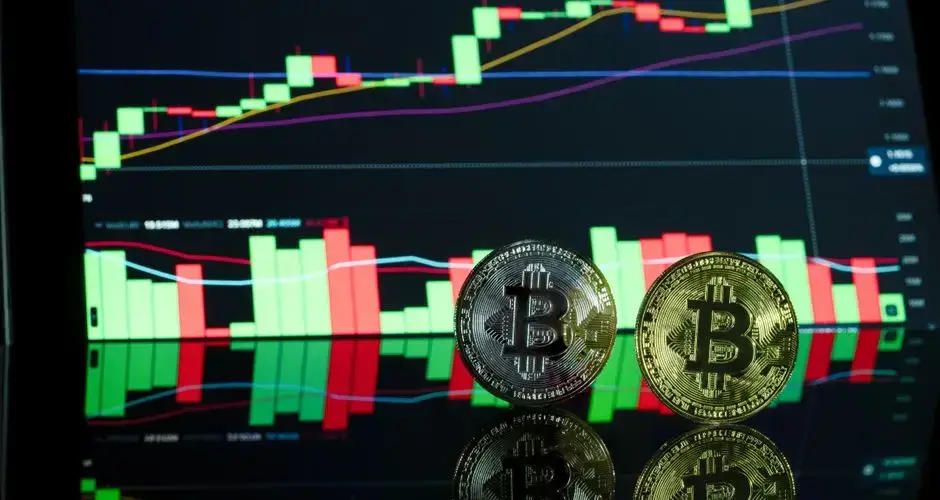 Bitcoin coins in front of a cryptocurrency trading chart showcasing market trends.