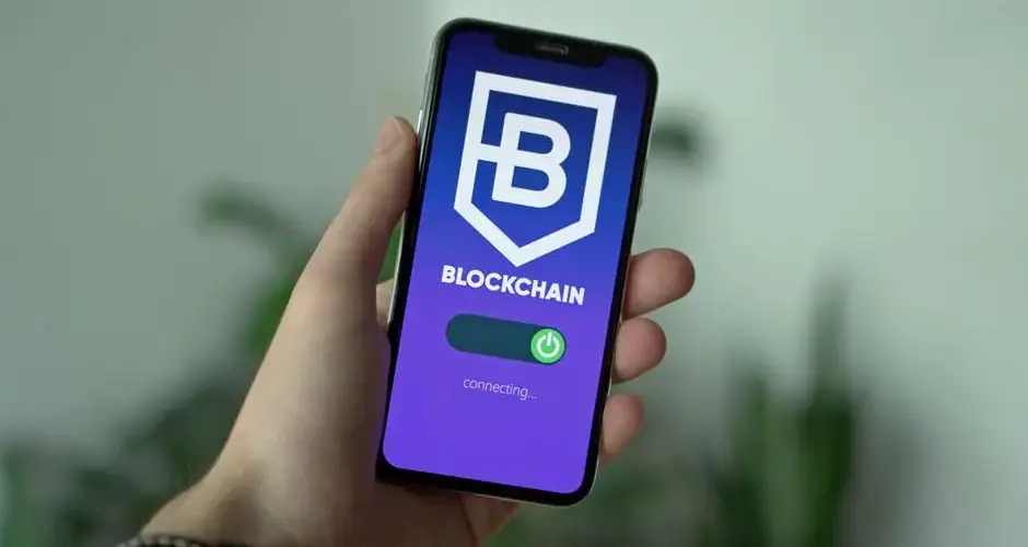 Close-up of a hand holding a smartphone with a blockchain app interface.