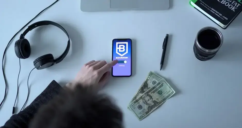 Overhead view of blockchain app on smartphone with cash, headphones, and notebook.