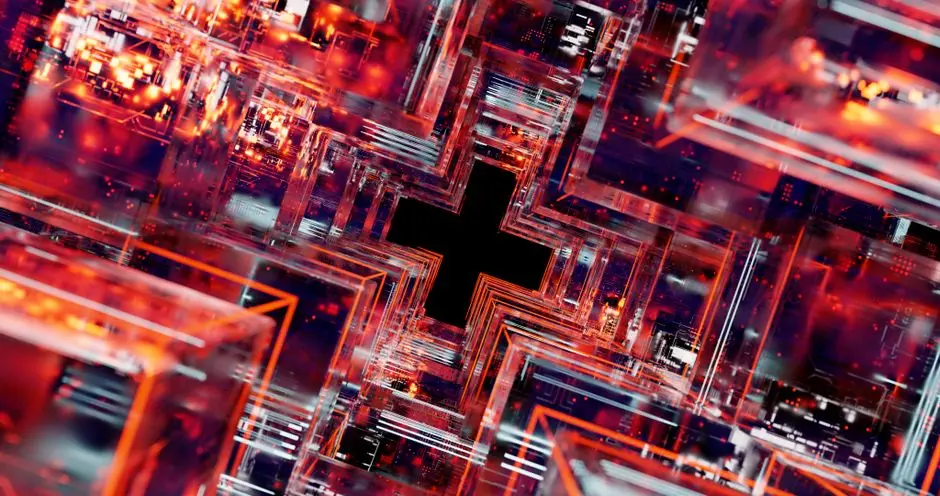 Dynamic 3D abstract image with red and orange digital patterns and a central black cross.