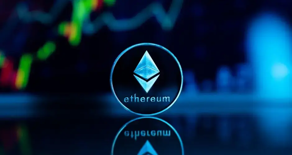Ethereum coin with financial graph backdrop, representing cryptocurrency trends and technology.