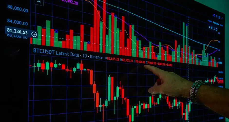 A close-up of a hand pointing at cryptocurrency charts on a monitor, indicating market analysis.