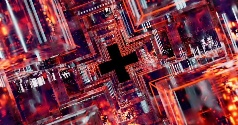 Abstract view of a digital circuitry with glowing multicolored cubes.