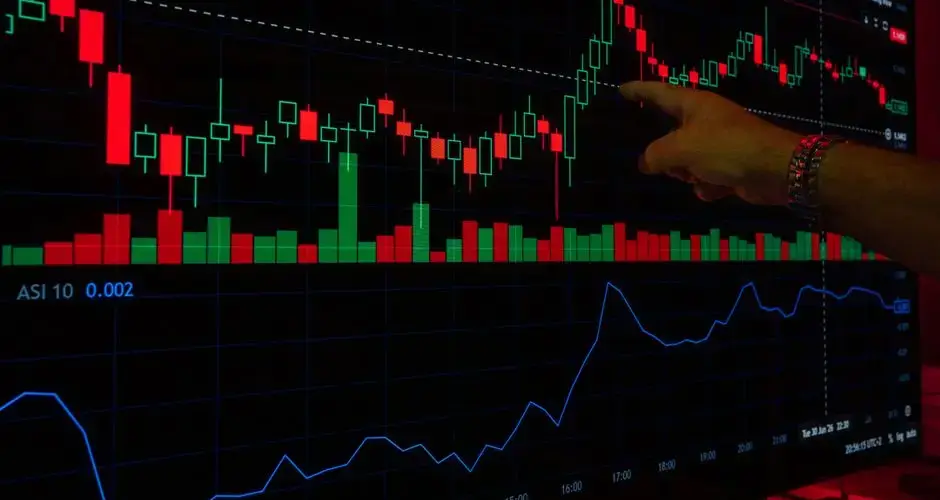 A hand points at a stock market graph on a digital screen, highlighting financial trading trends.