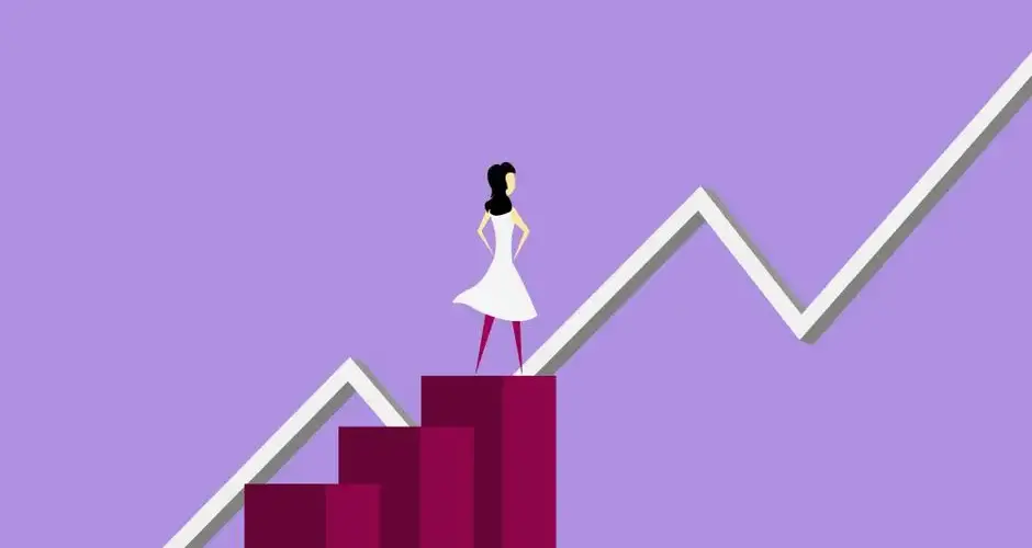 Isometric vector illustration of female character standing on column graph and analyzing rising line graph on violet background